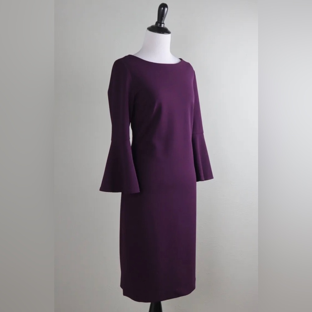 Calvin Klein solid purple Crepe stretch bell sleeve dress with gold zipper